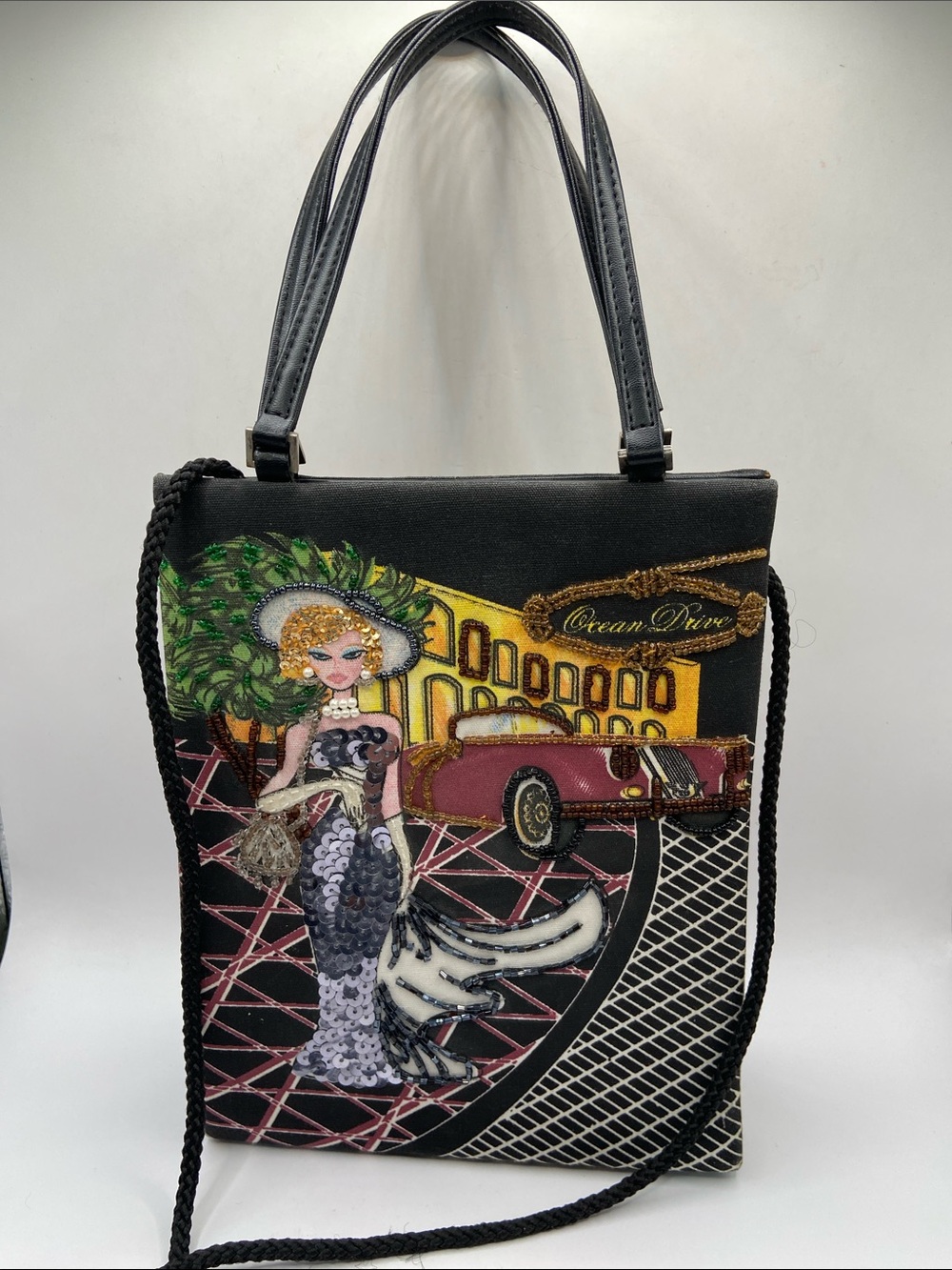 Vintage Ocean Drive Handbag Shoulder Purse Sequined Beaded Art Deco Black